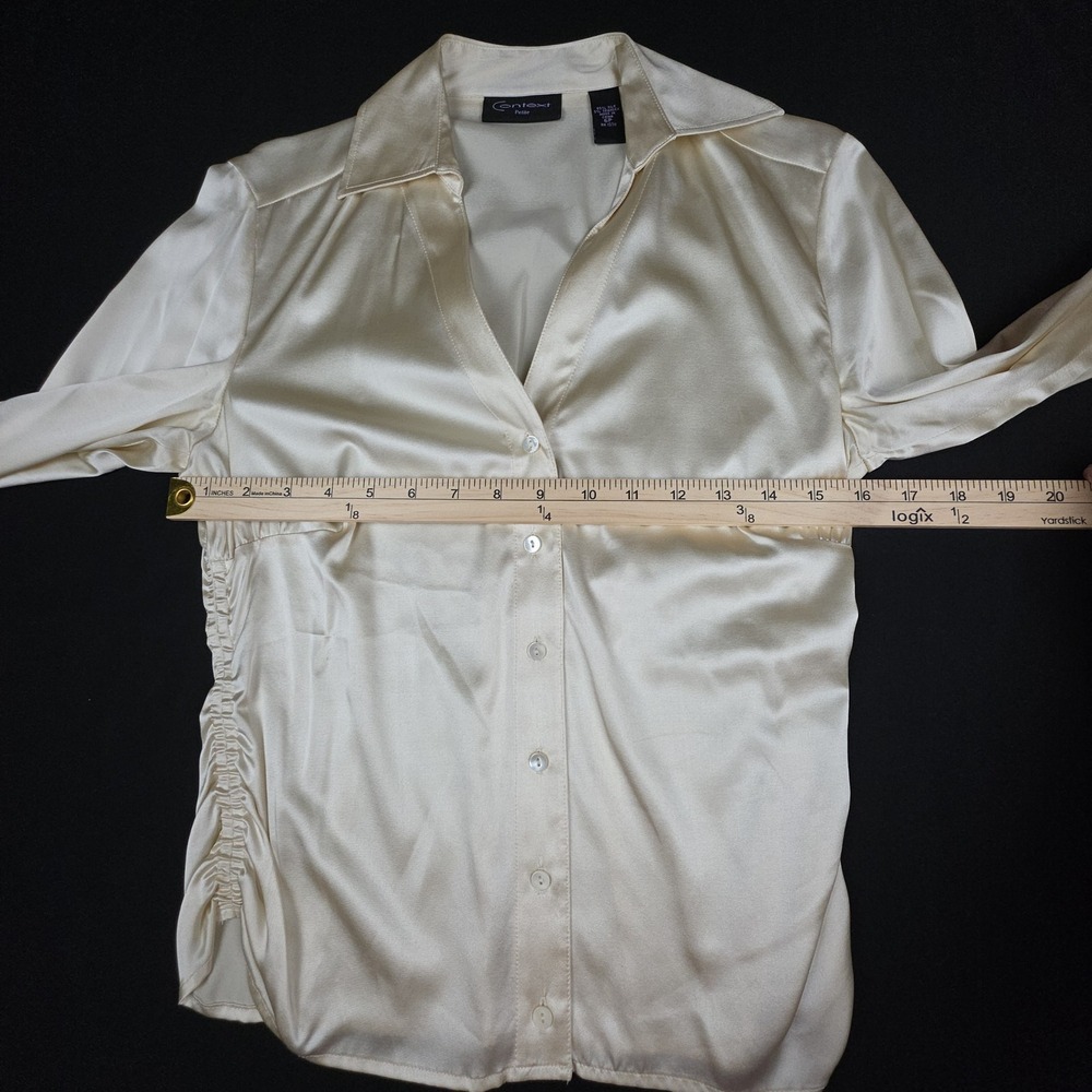Y2K Context Petite Button Down Blouse Womens 6P Cream Ruched Stretch Silk Blend - Picture 4 of 7